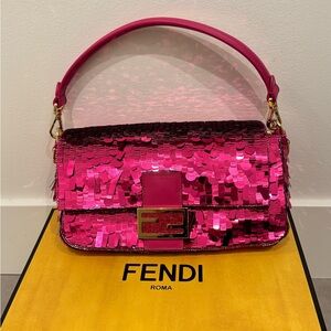 Fendi Fuchsia Pink Sequin Baguette Gold Hardware ‘Sex and the City’ New Rare